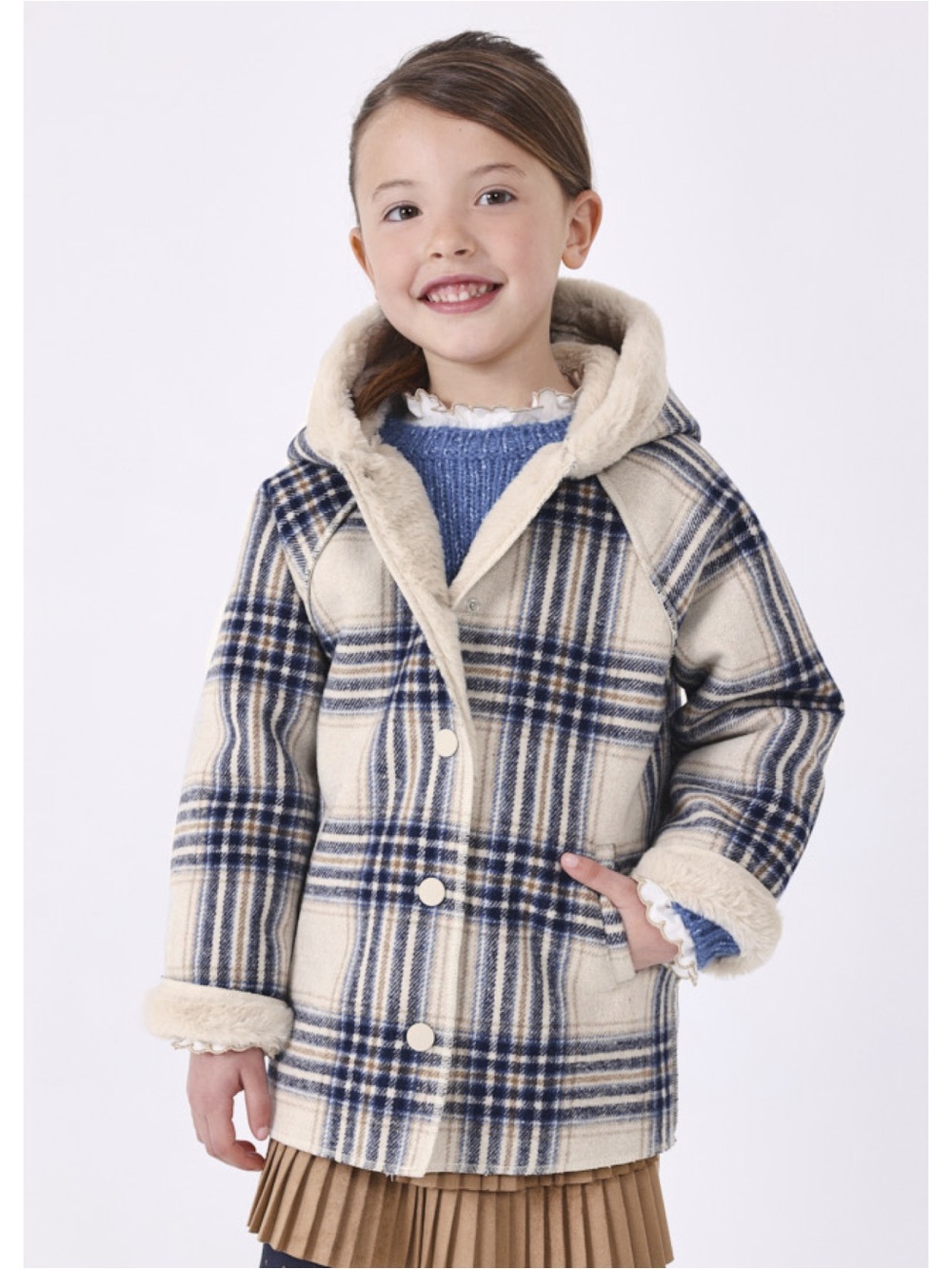 Mayoral Cream Plush Hooded Coat with Navy Accent